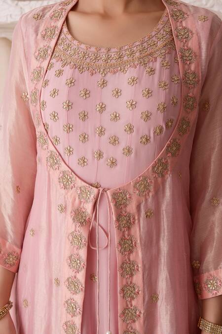 Surabhi Arya_Pink Tissue, Georgette Gota Patti, Floral Embroidered Anarkali And Jacket Set_at_Aza_Fashions