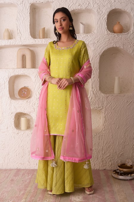 Surabhi Arya_Green Tissue, Georgette Gota Patti, Thread Work Embroidered Kurta Sharara Set_Online_at_Aza_Fashions