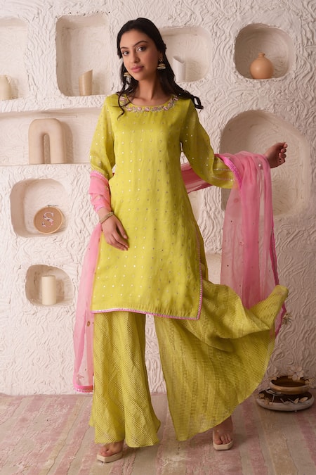 Buy_Surabhi Arya_Green Tissue, Georgette Gota Patti, Thread Work Embroidered Kurta Sharara Set_Online_at_Aza_Fashions