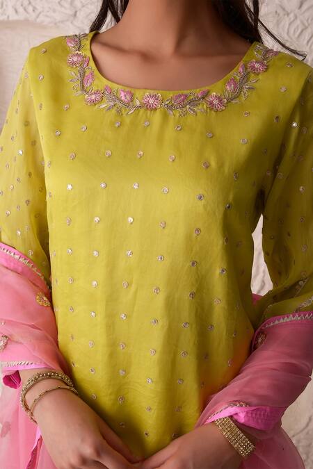 Shop_Surabhi Arya_Green Tissue, Georgette Gota Patti, Thread Work Embroidered Kurta Sharara Set_Online_at_Aza_Fashions