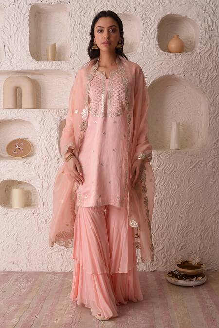Buy_Surabhi Arya_Peach Organza, Georgette, Satin Linen Gota Patti, Embroidered Kurta Sharara Set_Online_at_Aza_Fashions
