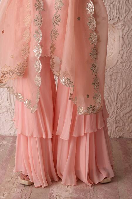 Surabhi Arya Peach Organza, Georgette, Satin Linen Gota Patti, Embroidered Kurta Sharara Set at Aza Fashions Surabhi Arya_Peach Organza, Georgette, Satin Linen Gota Patti, Embroidered Kurta Sharara Set_at_Aza_Fashions