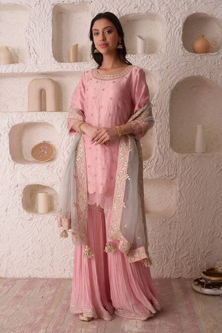 Surabhi Arya_Pink Organza, Tissue, Georgette Gota Patti, Thread Embroidered Kurta Sharara Set _Online_at_Aza_Fashions