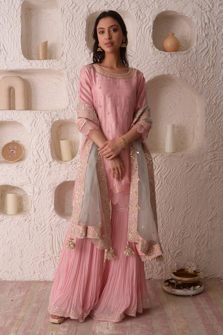Buy_Surabhi Arya_Pink Organza, Tissue, Georgette Gota Patti, Thread Embroidered Kurta Sharara Set _Online_at_Aza_Fashions