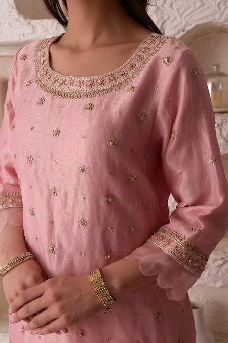 Shop_Surabhi Arya_Pink Organza, Tissue, Georgette Gota Patti, Thread Embroidered Kurta Sharara Set _Online_at_Aza_Fashions