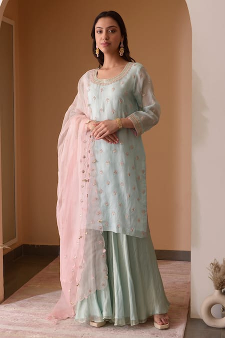 Buy_Surabhi Arya_Blue Organza, Tissue Gota Patti, Thread Work Round Embroidered Kurta Sharara Set _Online_at_Aza_Fashions
