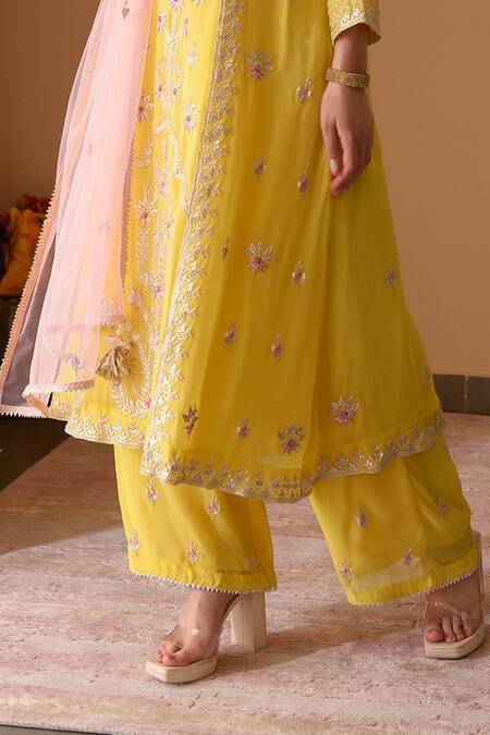 Surabhi Arya Yellow Net, Georgette Gota Patti, Thread Floral Embroidered Anarkali Palazzo Set at Aza Fashions Surabhi Arya_Yellow Net, Georgette Gota Patti, Thread Floral Embroidered Anarkali Palazzo Set _at_Aza_Fashions