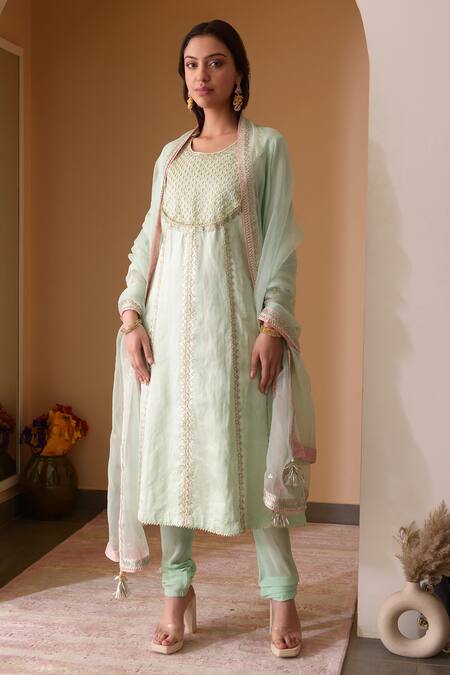Shop_Surabhi Arya_Green Organza, Crepe, Satin Linen Gota Patti, Floral Embroidered Anarkali Set _Online_at_Aza_Fashions