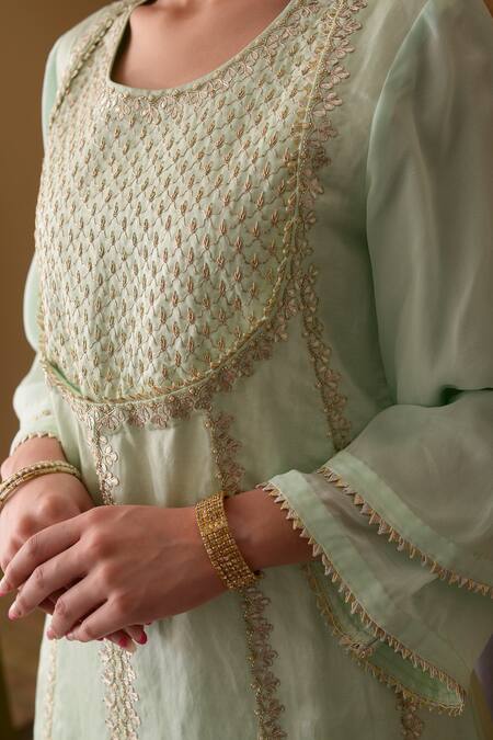 Surabhi Arya_Green Organza, Crepe, Satin Linen Gota Patti, Floral Embroidered Anarkali Set _at_Aza_Fashions