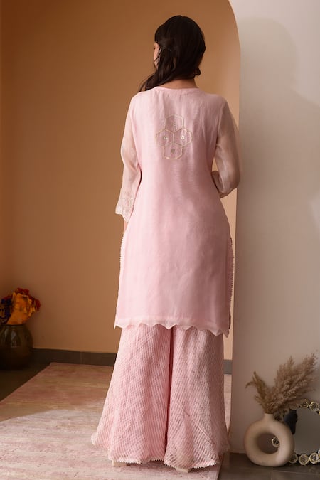 Shop_Surabhi Arya_Pink Organza, Tissue, Kota Silk Patti, Thread Embroidered Kurta Sharara Set _at_Aza_Fashions