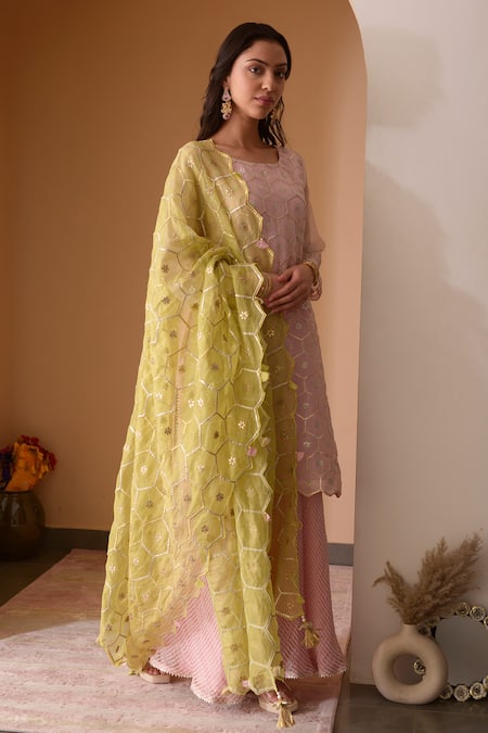 Surabhi Arya_Pink Organza, Tissue, Kota Silk Patti, Thread Embroidered Kurta Sharara Set _Online_at_Aza_Fashions