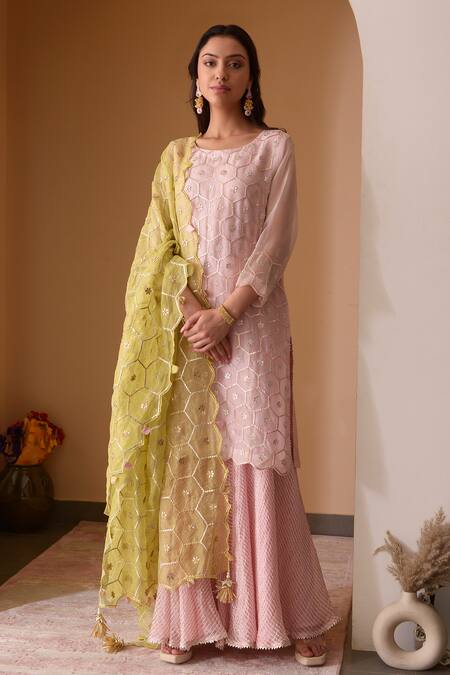 Buy_Surabhi Arya_Pink Organza, Tissue, Kota Silk Patti, Thread Embroidered Kurta Sharara Set _Online_at_Aza_Fashions