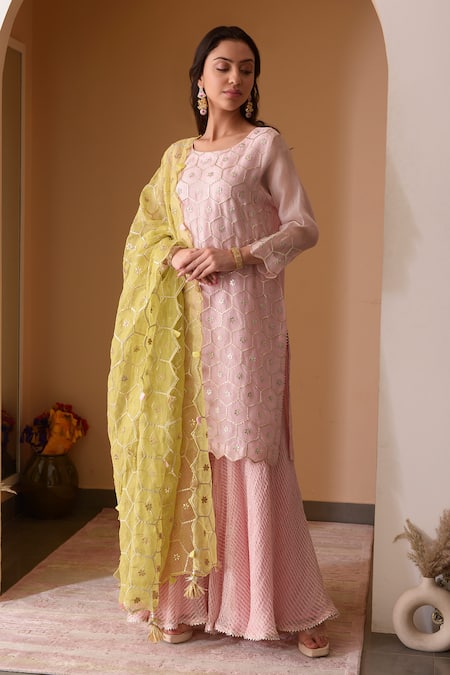 Shop_Surabhi Arya_Pink Organza, Tissue, Kota Silk Patti, Thread Embroidered Kurta Sharara Set _Online_at_Aza_Fashions