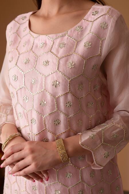 Surabhi Arya_Pink Organza, Tissue, Kota Silk Patti, Thread Embroidered Kurta Sharara Set _at_Aza_Fashions