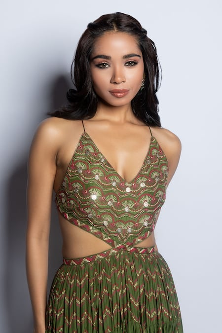 Shop_Punit Balana_Green Satin Silk Print Resham V Neck Coin And Work Yoke Tiered Dress _Online_at_Aza_Fashions