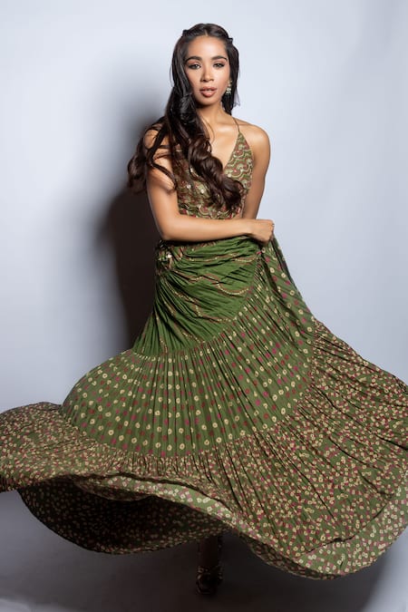 Punit Balana_Green Satin Silk Print Resham V Neck Coin And Work Yoke Tiered Dress _at_Aza_Fashions