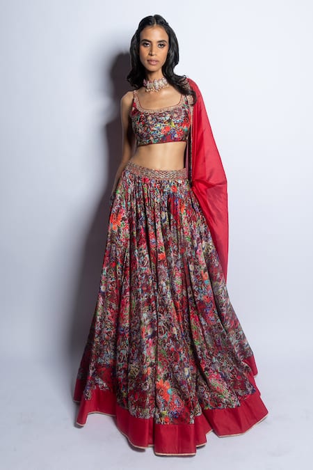 Buy_Punit Balana_Red Satin, Silk Embroidery Square Neck Surkh Laal Embellished Bridal Lehenga Set 