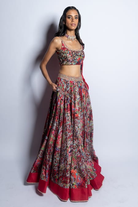 Shop_Punit Balana_Red Satin, Silk Embroidery Square Neck Surkh Laal Embellished Bridal Lehenga Set 