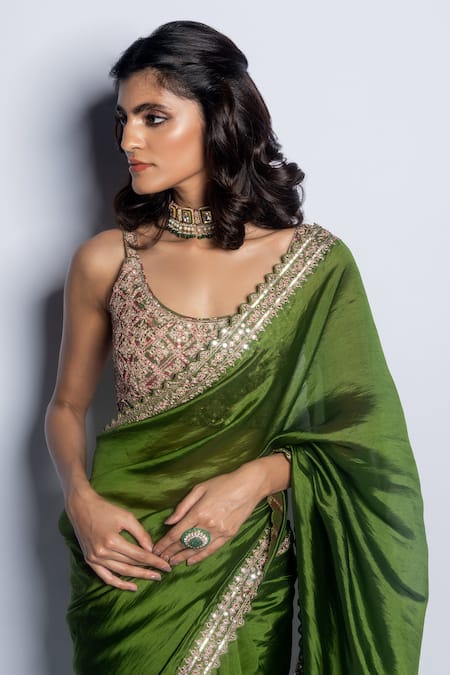 Buy_PUNIT BALANA_Green Organza Silk Embroidery Marodi Scoop Neck Work Saree With Blouse 