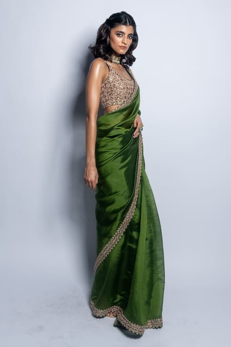 PUNIT BALANA_Green Organza Silk Embroidery Marodi Scoop Neck Work Saree With Blouse _at_Aza_Fashions