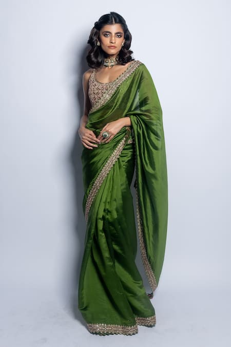 Shop_PUNIT BALANA_Green Organza Silk Embroidery Marodi Scoop Neck Work Saree With Blouse _Online_at_Aza_Fashions