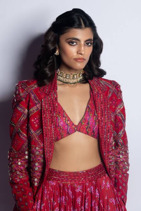Punit Balana_Red Silk, Chanderi Embroidery, Sequins Surkh Laal Patchwork Jacket Skirt Set _at_Aza_Fashions