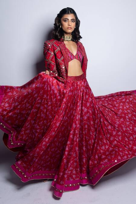 Buy_Punit Balana_Red Silk, Chanderi Embroidery, Sequins Surkh Laal Patchwork Jacket Skirt Set _Online_at_Aza_Fashions