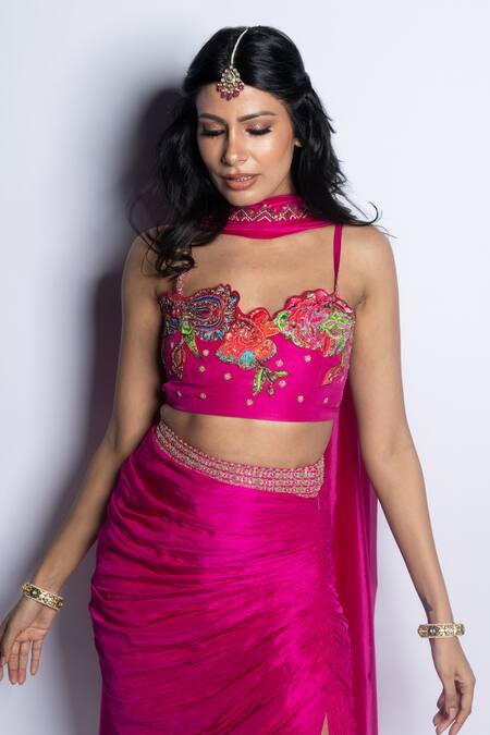 Buy_Punit Balana_Pink Silk, Organza Embroidery Asymmetric Gulaabi Blouse Draped Skirt Set 