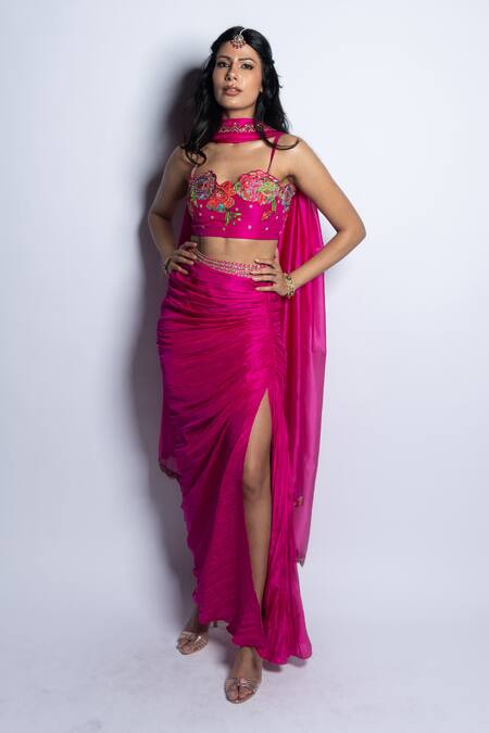 Shop_Punit Balana_Pink Silk, Organza Embroidery Asymmetric Gulaabi Blouse Draped Skirt Set 