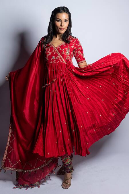 Buy Punit Balana Red Silk, Organza Embroidery, Tassels V-neck Surkh Laal Hand Angrakha Set Buy_Punit Balana_Red Silk, Organza Embroidery, Tassels V-neck Surkh Laal Hand Angrakha Set