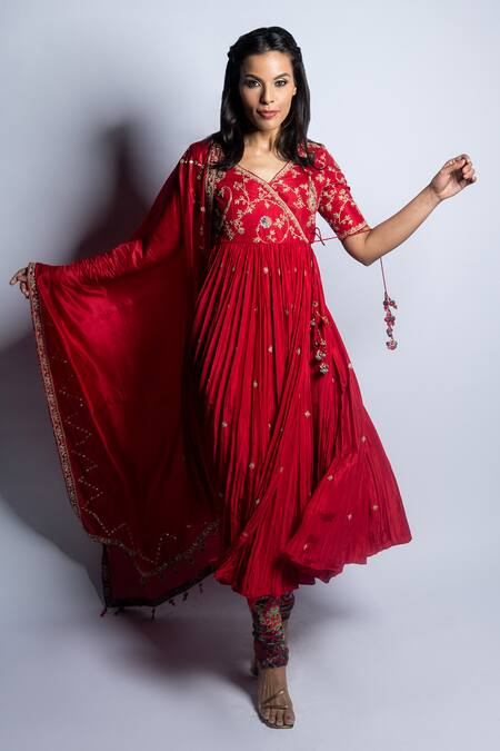 Shop Punit Balana Red Silk, Organza Embroidery, Tassels V-neck Surkh Laal Hand Angrakha Set Shop_Punit Balana_Red Silk, Organza Embroidery, Tassels V-neck Surkh Laal Hand Angrakha Set