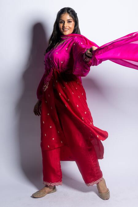 Buy Punit Balana Red Silk Embroidery V-neck Hand Tunic With Pant Buy_Punit Balana_Red Silk Embroidery V-neck Hand Tunic With Pant