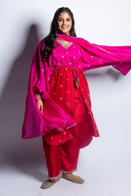 Punit Balana Red Silk Embroidery V-neck Hand Tunic With Pant at Aza Fashions Punit Balana_Red Silk Embroidery V-neck Hand Tunic With Pant _at_Aza_Fashions
