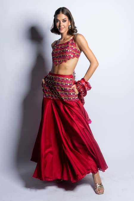 Buy_Punit Balana_Red Silk, Organza Embroidery, Diamonds Scoop Neck Surkh Laal Blouse Skirt Set _Online_at_Aza_Fashions