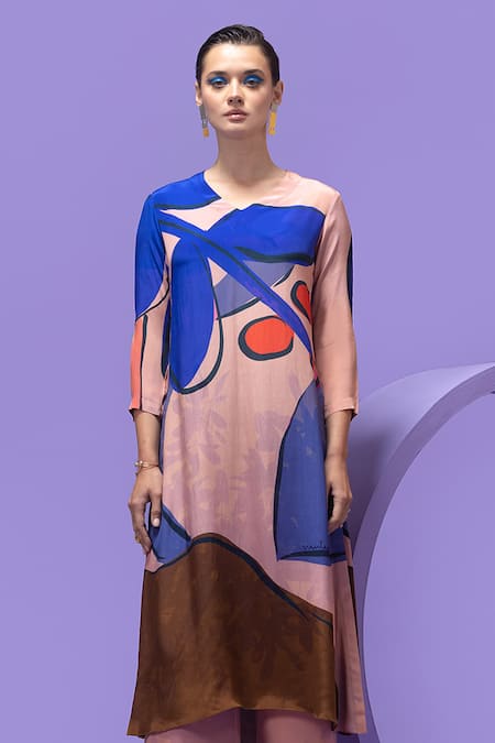 Nautanky_Multi Color Crepe V-neck Artistic Print Kurta And Pant Set _Online_at_Aza_Fashions