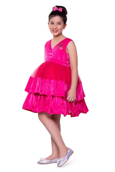 Littlecheer_Pink Silk, Satin Stones Buttercup Layered Back Bow Dress _Online_at_Aza_Fashions