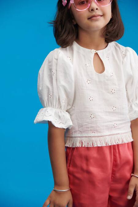 Buy_Littlecheer_White Cotton Embroidery Flamingo Puff Sleeve Top And Palazzo Set _Online_at_Aza_Fashions