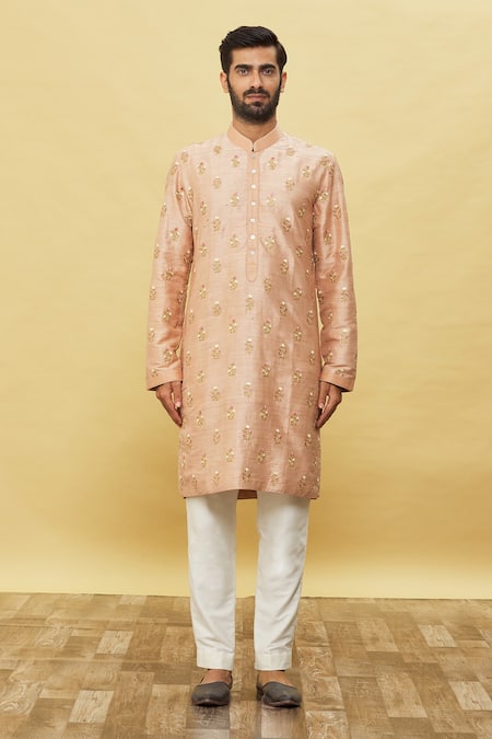 Aqube By Amber_Pink Raw Silk Embroidery Cord And Resham Floral Kurta_Online_at_Aza_Fashions