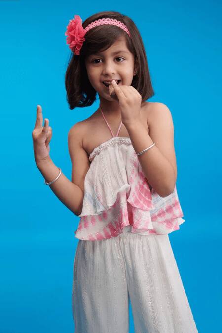 Buy_Littlecheer_White Cotton Petal Halter Neck Top And Palazzo Set _Online_at_Aza_Fashions