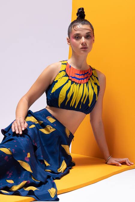 Nautanky_Blue Crepe Round Neck Artistic Print Crop Top And Tiered Skirt Set _Online_at_Aza_Fashions