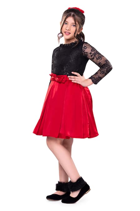 Littlecheer_Red Chiffon, Satin Lace, Embroidery Shine Star Skirt Set _Online_at_Aza_Fashions