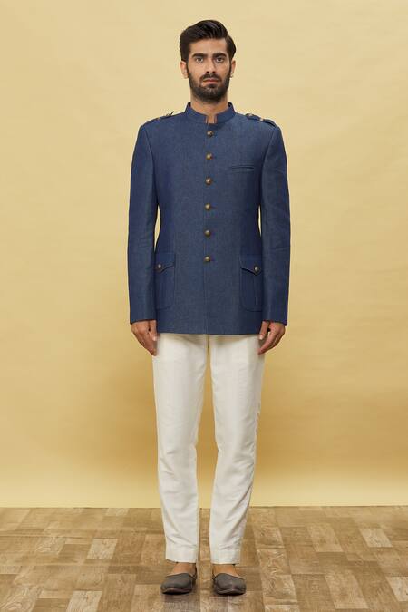 Aqube By Amber_Blue Denim Bandhgala_Online_at_Aza_Fashions