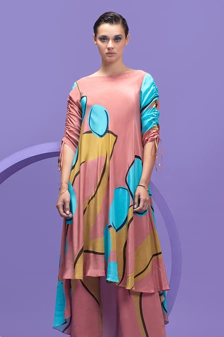 Nautanky_Pink Crepe Boat Neck Artistic Print Tunic And Pant Set _Online_at_Aza_Fashions