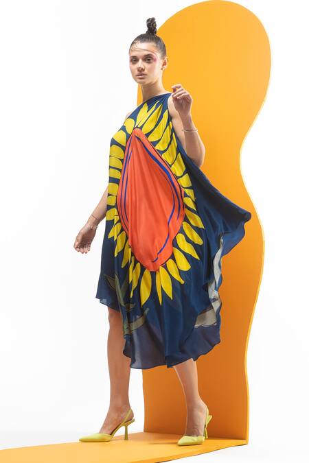 Nautanky_Multi Color Crepe Asymmetric One Shoulder Printed Draped Dress _Online_at_Aza_Fashions