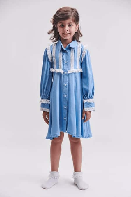 Shop_Littlecheer_Blue Cotton, Rayon Lace, Fringe Marshmallow Shirt Dress _Online_at_Aza_Fashions