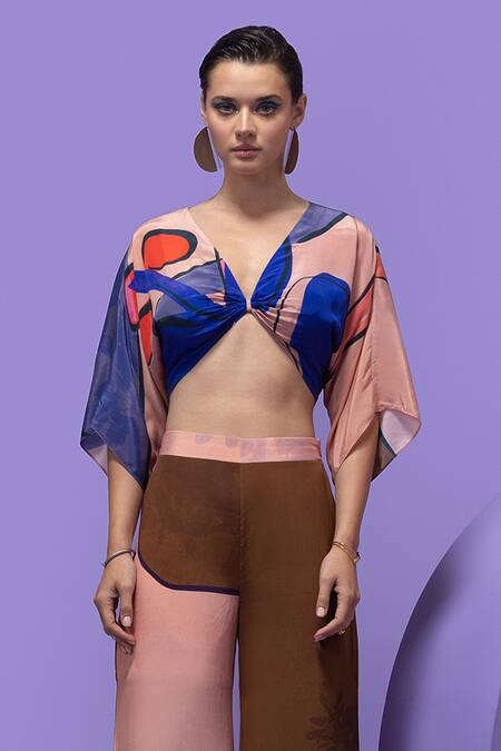 Nautanky_Multi Color Crepe V-neck Artistic Print Boxy Crop Top And Pant Set _Online_at_Aza_Fashions