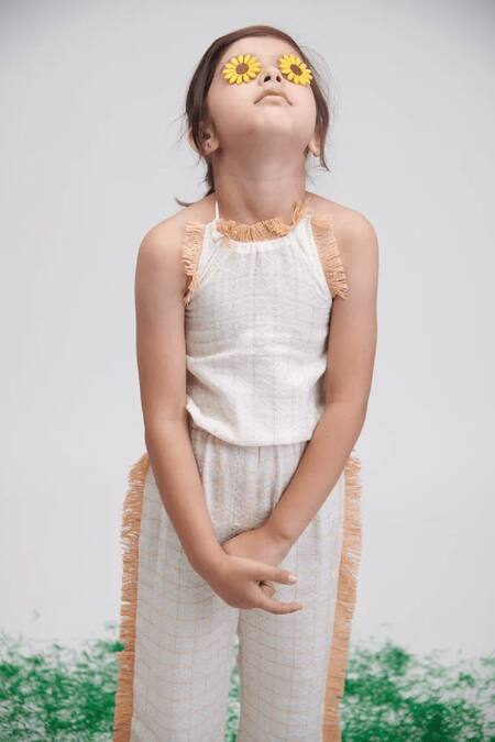 Buy_Littlecheer_Cream , Satin Fringe Sunshine Geometric Pattern Jumpsuit _Online_at_Aza_Fashions
