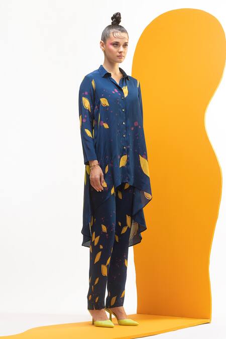 Nautanky_Blue Crepe Collared Asymmetric Shirt And Trouser Set _Online_at_Aza_Fashions