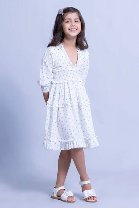 Buy_Littlecheer_White Cotton Floral Pattern Smocked Waist Dress _Online_at_Aza_Fashions