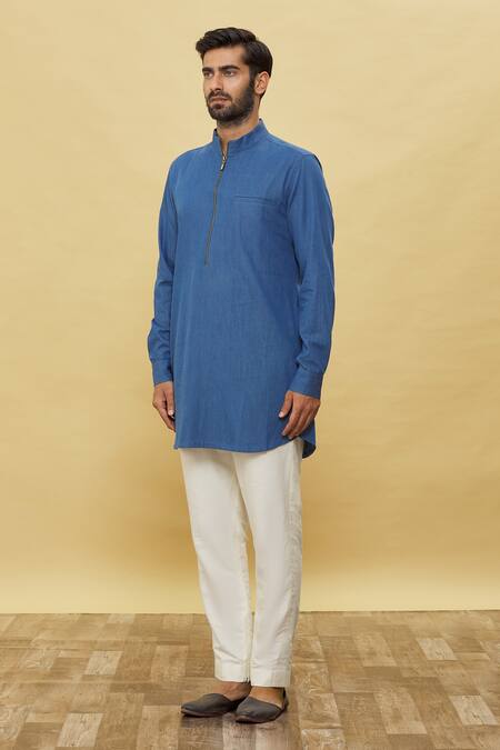 Aqube By Amber_Blue Denim Collared Kurta_Online_at_Aza_Fashions